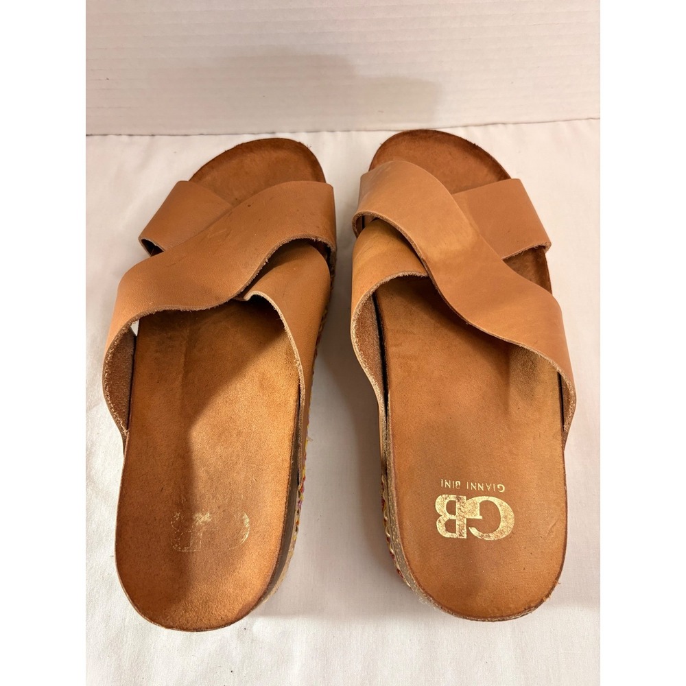Gianni Bini Womens Tan Leather Crisscross StuddedCork PlatformSlide Sandals 5.5M - Picture 5 of 7